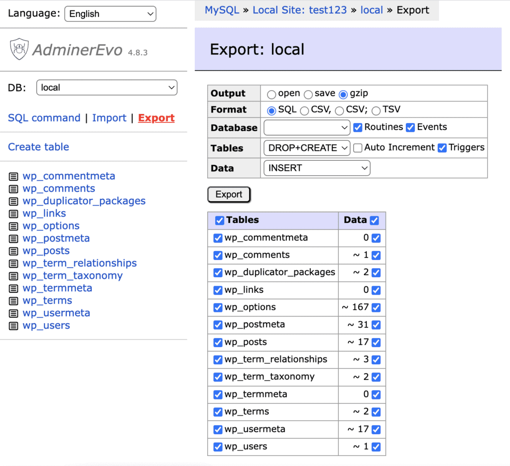 Adminer database export